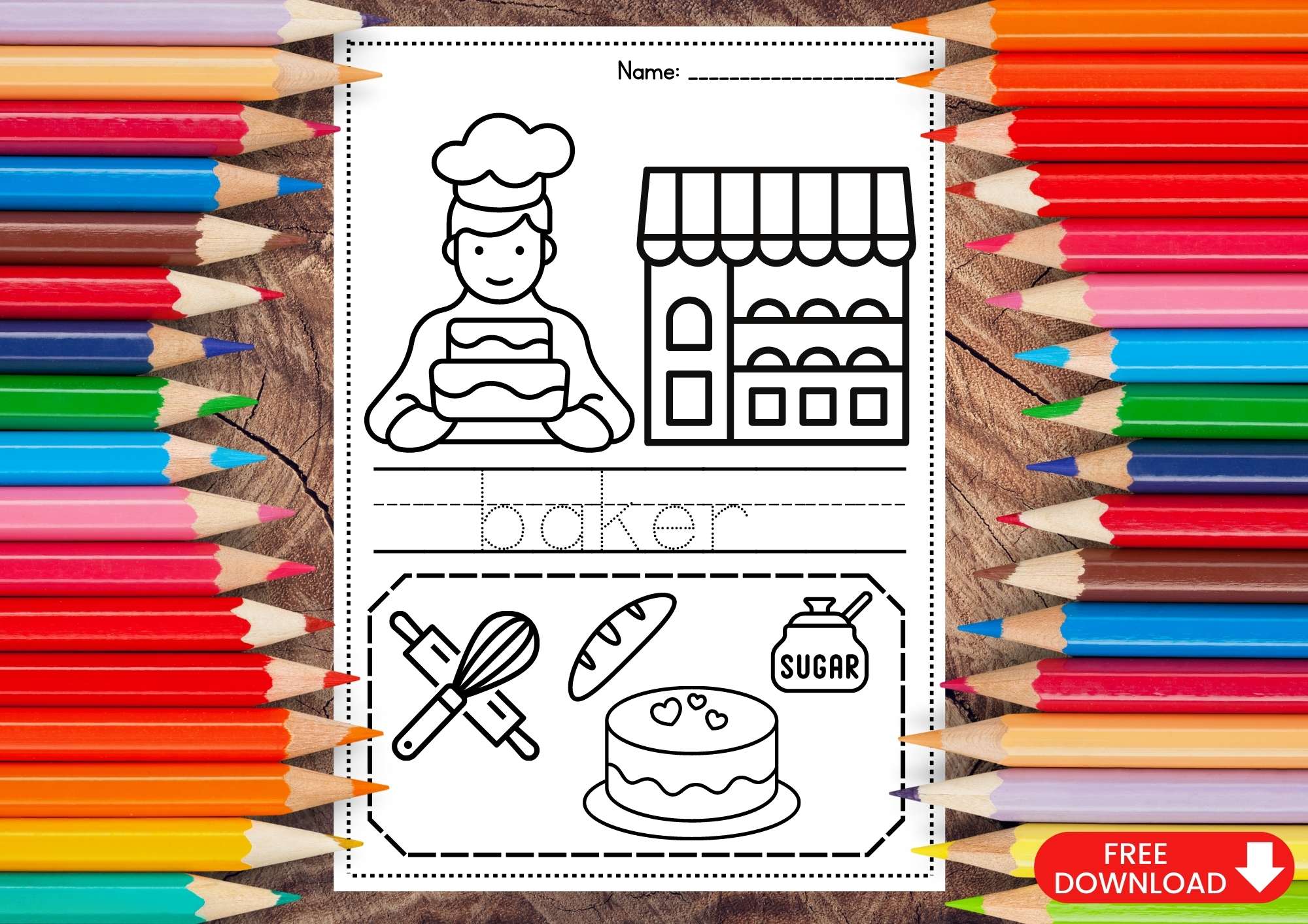 Baker Coloring and Trace the Word Page